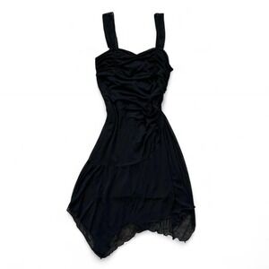 VTG Y2K XOXO Asymmetrical‎ black ruched fairy whimsigoth dress L